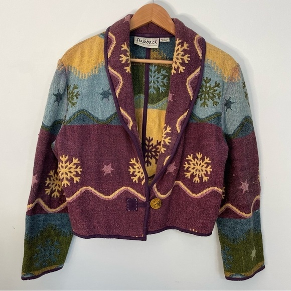 Vintage Jackets & Blazers - Tapestry Woven Winter Theme Flashback Lapel Cropped Western Jacket